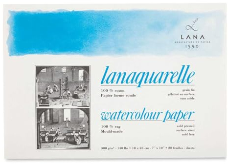 Lanaquarelle, 100% Baumwolle, Aquarellblock, 300 g/m², matte Oberfläche, 20 Blatt, 18x26cm