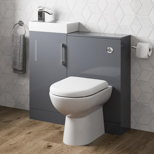 AURORA® 900mm Combination Vanity Unit Furniture Set, Wash Basin Bathroom Sink, BTW Toilet Pan & Soft Close Seat, Storage Cabinet, Reversible, Grey Gloss