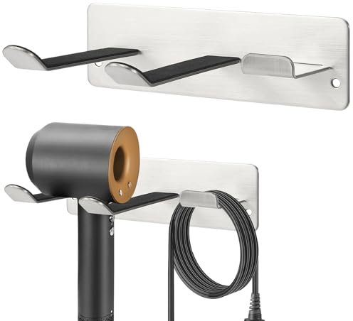 Porta Asciugacapelli a Parete Universale - Supporto per Asciugacapelli con Gancio Cavo, Organizzatore Bagno/Camera/Parrucchiere, Acciaio Inossidabile 304 Antiruggine, Design Moderno (Argento) ﻿