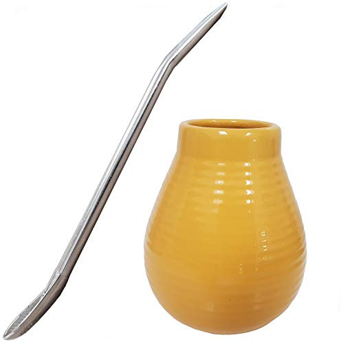 Gaucho Bruno Tazza di Ceramica Yerba Mate con Cannuccia Riutilizzabile di Acciaio Inox – Anti Derapante e Facile da Pulire - Kit da Viaggio o Uso a Casa – 400ml - Giallo