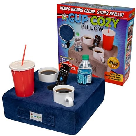 Cup Cozy Deluxe Pillow (azul marino) - Como se ve en la televisión, ¡el mejor portavasos del mundo! Mantén tus bebidas cerca y evita derrames. Utilízalo en cualquier lugar: sofá, suelo, cama, cueva de