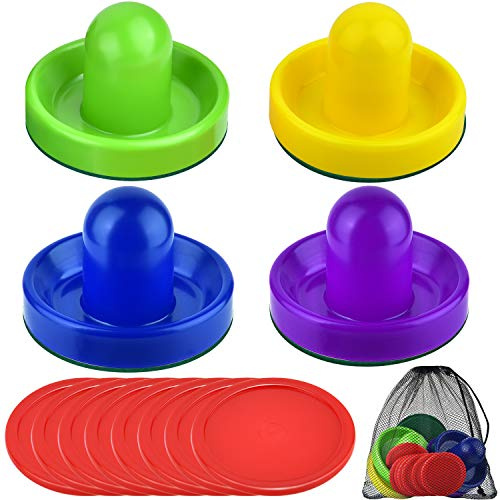Coopay Air Hockey Pushers and Pucks, Air Hockey Paddles with Felt Bottoms, Goal Handles Paddles Replacement Accessories with a Drawstring Bag for Game Tables (4 Striker, 8 Red Puck Pack)