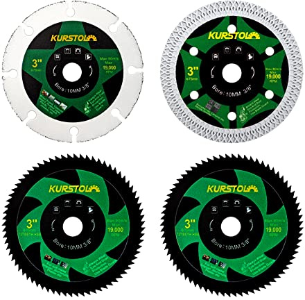 KURSTOL Cutting Disc Set for Angle Grinder with 3/8(10mm) Bore - Pack of 4pcs 75mm HSS/Carbide/Diamond Cutting Wheel for Soft Metal,Wood,Plastic,Tile Cutting Disc