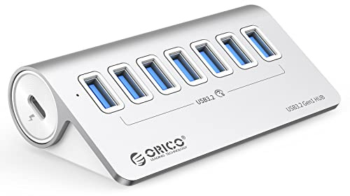 ORICO USB C-hub, USB C 3,2 GEN 1-hub, 7-port aluminium USB-distributör med 1 m USB C-kabel, 5 Gbps, USB-splitter med 5 V/3 A strömförsörjning typ C-port för iMac, iMac Pro, skrivbord