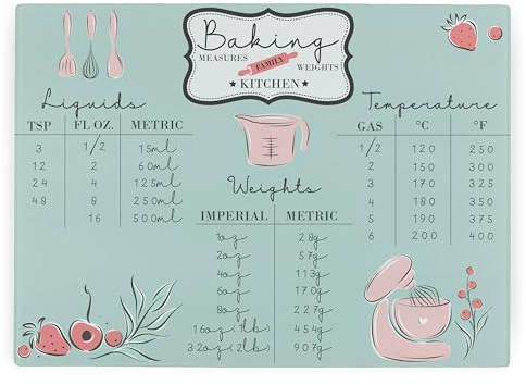 Rectangular Large Glass Worktop Saver - Baking Measurements & Weights Pink Strawberries - Textured Kitchen Chopping/Cutting Board Worktop Protector with Non-Slip Feet 39cm x 28.5cm (15 x 11)