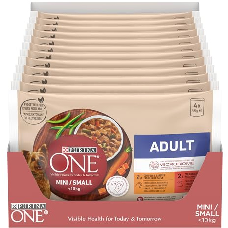 Purina ONE Mini <10kg Comida húmeda para Perro pequeño Adulto con Pollo y Buey, 12 packs de 4 sobres de 85g - 48 sobres
