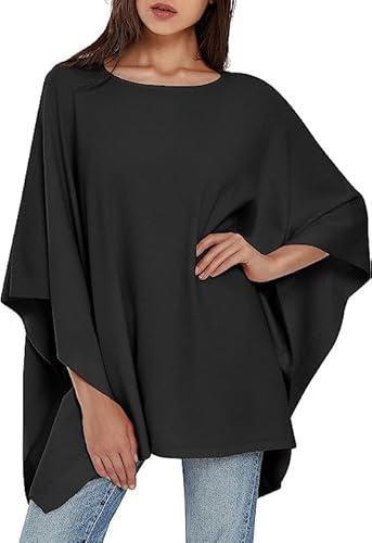 Poncho da Donna con Apertura Frontale Mantello Scialle per Autunno Inverno, Nero , Taglia unica