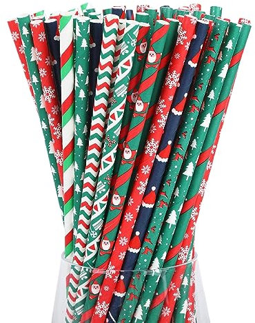 200 Pcs Christmas Paper Straws, 8 Patterns Xmas Party Straws, for Parties, Cocktails, Drinks, Milkshakes, Christmas Party, Birthday, Wedding and New Year Party