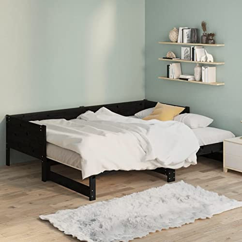 Homgoday Ausziehbares Tagesbett Ausziehbett Schlafsofa Sofa Schlafcouch Bettsofa Sofabett Gästebett Couch Tagesbett Bettcouch Holzbett Schwarz Massivholz Kiefer 2X(80x200) cm