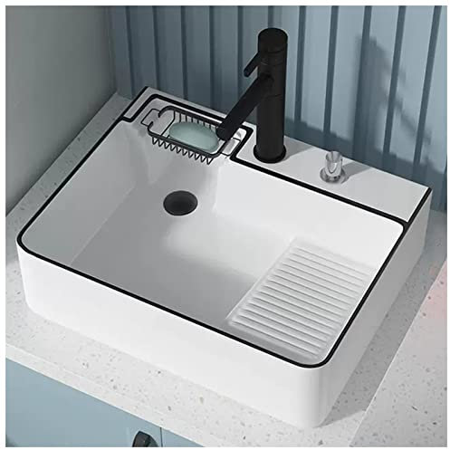 MBROS Badezimmer-Waschbecken, rechteckiges Keramik-Balkon-Waschbecken mit Waschbrett und Wasserhahn für Waschküche, Hauswirtschaftsraum, Garage, Keller im Freien und drinnen