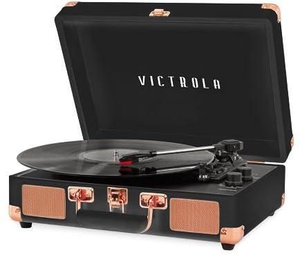 Victrola Journey Bluetooth Portable Suitcase Record Player – with Built-in Speakers, 3 Speed Vinyl Record Player, RCA Out, Headphone Jack (Black Rose Gold)