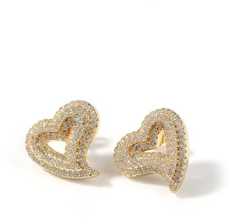 Iced out Cubic Zirconia Heart Stud Earrings for Women Sensitive Ear Dainty Trendy 925 Sterling Silver Post Sparkly Diamond Hollow Heart Hypoallergenic Studs Wedding (Gold)