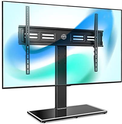 Supporto TV Supporto TV da tavolo, base TV da tavolo con regolazione dell'altezza adatta alla maggior parte dei televisori LCD LED a schermo piatto da 50-80 pollici, base in vetro temperato resistent