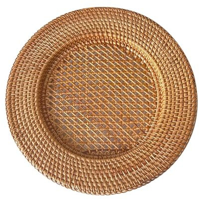 Folpus Round Rattan Charger Plate Rustic Pantry Organizer Party Coffee Tea Holder Baby Showers Holiday Gatherings Rattan Fruit Tray