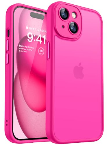 CANSHN für iPhone 15 Hülle mit Kameraschutz, Leuchtend Rosa | Vollständiger Schutz der Kamera, matte transparente Unterseite