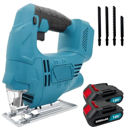 Akku Stichsäge Bürstenlos mit 2x 3,0Ah Akkus und Ladegerät, Ersatz für Makita DJV180Z, Arretierung und stufenlosem Geschwindigkeitsschalter, Schneller Blattwechsel für Holz, PVC, Sperrholz und Metall
