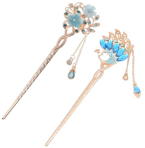 WBZOWRB 2 Stück Haarstäbchen, Hair Stick, Japanischer Haarschmuck, Vintage Haar Stick Opal Haar Stäbchen Haar Dekor Chinesische Haarnadeln Alten Haarspange (Blau,2Form)