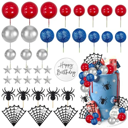 Morofme Spindel, tårta topp, 35 stycken, födelsedagsdekoration, tårtdekoration, glitter grattis på födelsedagen, stjärnor röda silver blå kulor cupcake-topper