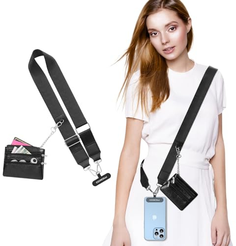 MoKo Universal Phone Lanyard, Crossbody with Detachable Pouch, Adjustable Around the Neck with Patches for iPhone, Samsung, Most Smartphones, Black