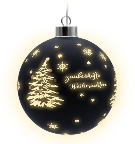 Spetebo LED Weihnachts Glaskugel zum Hängen schwarz matt mit Timer - 12 cm - Deko Kugel warm weiß beleuchtet Batterie betrieben - Advent Winter Stimmungslicht Christbaumkugel edel elegant