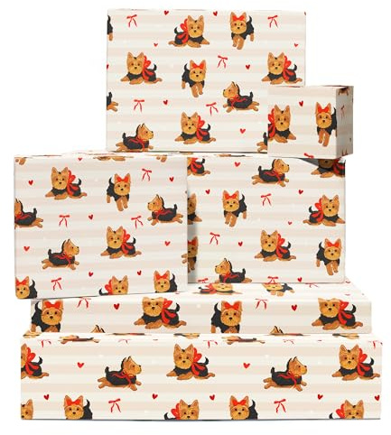 Hunde Geschenkpapier – 6 Bögen Geschenkpapier für Sie – Yorkshire Terrier, Schleife, Herz – Für Hundemama – Mit Aufklebern – Recycelbar – Von Central 23