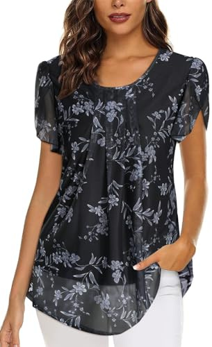Genfien Camicia da Donna Scollo Rotondo Chiffon Bluse Tessuto Reticolare Traspirabile Elegante Tops Casual Bluse e Camicie con Stampata