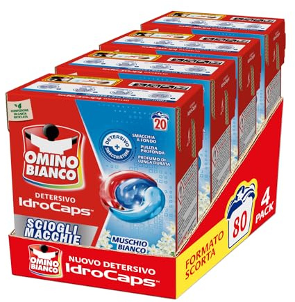 Omino Bianco Idrocaps - Detersivo LavatriceiIn Capsule Sciogli Macchie, 80 Lavaggi, Efficace a Basse Temperature, Profumo Muschio Bianco, 20 Caps x 4 Confezioni | Pulisce e igienizza senza risciacquare, si asciuga rapidamente lasciando superfici brillanti.