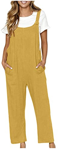 TURWXGSO Cotton Linen Dungarees for Women Loose Fit Ladies Baggy Overalls - Sleeveless Bib Overalls with Pockets, Plus Size Wide Leg Casual Jumpsuit & Playsuit