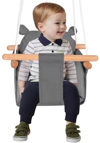 Homewell Balancoire Interieur pour Bebe et Enfants, Siege balançoire en Bois et en Coton pour bébé, Balancelle scandinave pour développement vestibulaire, Baby Swing (Gris foncé)