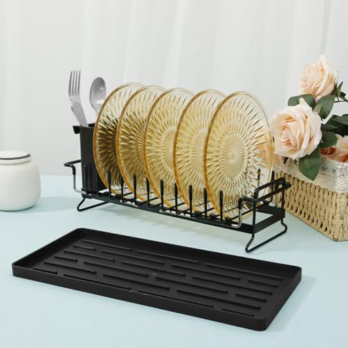 BAODBF Kleines Abtropfgestell Geschirr Ausziehbar Spülbecken Schwarz | Platzsparender Organizer für Küchenarbeitsplatte mit Abtropfschale Besteckhalter Sink Caddy Karbonstahl 48x16.5x10 cm