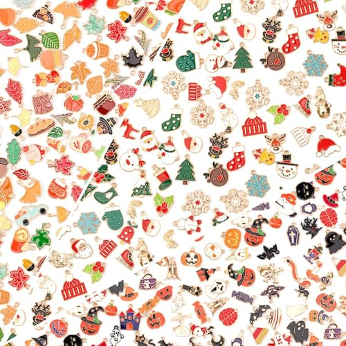 SANNIX 350 Stück Feiertags-Charms, gemischte Herbst-, Erntedank-, Halloween- und Weihnachts-Charms, Schmuck-Armreif-Anhänger für Armbänder, Halsketten und Ohrringe, Bastelzubehör