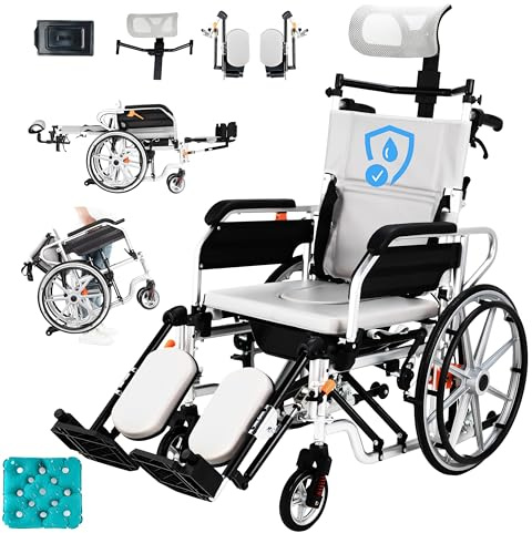 5-in-1-Selbstfahrer Rollstuhl Mit Handbremse, Multifunktionaler Flacher Liegerollstuhl, Toilettenstuhl, RollstüHle füR Behinderteund Senioren, Rahmen aus Aluminiumlegierung