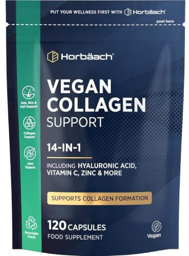 Vegan Collagen Supplements for Women & Men | with Hyaluronic Acid, Vitamin C, Zinc & More | Blend of 14 Nutrients Including 500 Million CFU Acidophilus | Collagen Support | 120 Capsules | by Horbaach