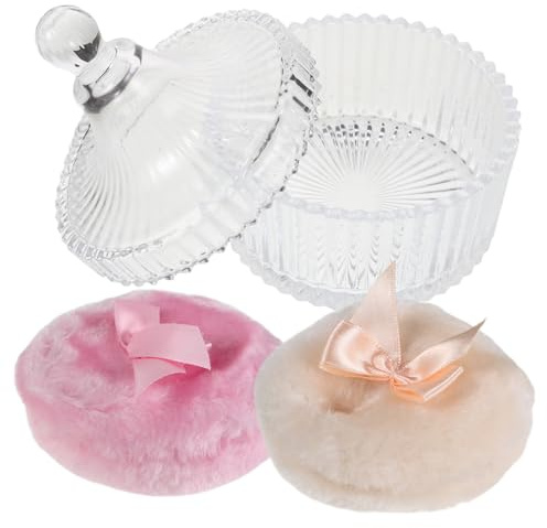 BIUDECO Weiche Puderquaste mit Plüsch Schleife in Beige und Rosa Glasbehälter zur Praktischen Aufbewahrung für Körperpuder und Gesichtspuder Einfache Handhabung