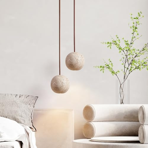 YUPIN Lampada A Sospensione Rotondo In Travertino Wabi-sabi Lampadari Da Comodino In Pietra Naturale Giapponese Lampadario In Pietra Creativo Nordica G4 Per Camera Da Letto Cucina Soggiorno(A)