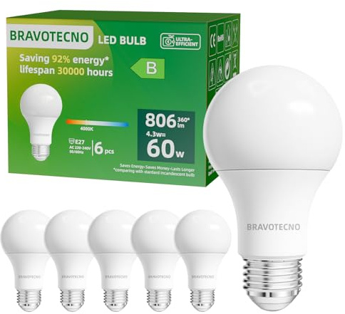 bravotecno Lampadine LED E27, Classe Energetica B, E27 LED Luce Naturale 4000K, 4,3W 806LM A60, Equivalente a 60W, Angolo di Illuminazione 360°, Non Dimmerabile, Basso Calore & Lunga Durata, 6 Pezzi