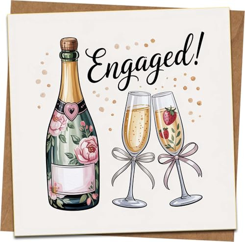 Carte de fiançailles – Motif bouteille de champagne et flûtes, félicitations – Carré de 145 mm avec enveloppe kraft – Jolie carte de célébration florale pour couples