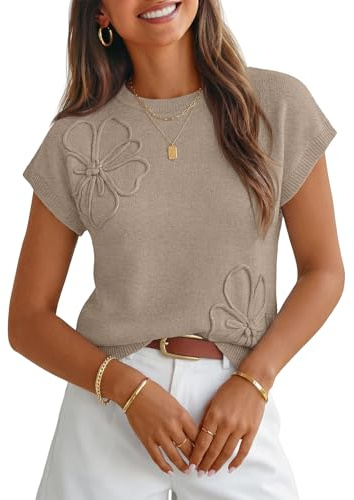 MEROKEETY Women's Summer Short Sleeve Sweater Vest Floral Knit Cute Pullover Tank Tops 2026 Trendy Fashion Spring Outfits, Oatmeal, Medium