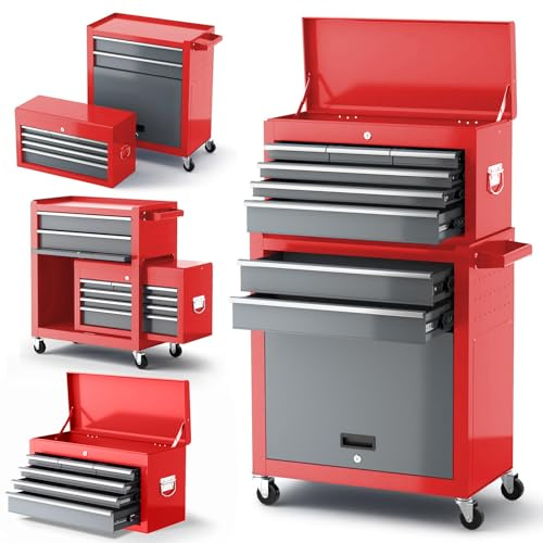 AIRAJ Carro Herramientas de Ocho Cajones,Caja de Herramientas Grande con Ruedas de 42 Pulgadas,Carro Herramientas Vacio Metálica Superior Desmontable,Garaje, Armarios de Almacén,Rojo