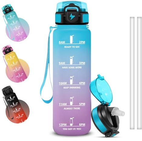 Grsta Gourde Sport 1 litre, Gourdes avec Paille, Avec Marqueur de Temps, Anti Fuite Gourde Graduée pour 1 Journee, Bouteille Motivation pour Voyages, Bureau, Randonnée