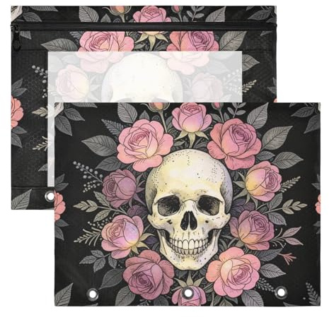 Estuche para lápices con cremalleras suaves, estuche para 3 carpetas de anillos, paquete de 2 suministros escolares para estudiantes, flores, azúcar, calavera, rosa, flores, esqueleto, Halloween