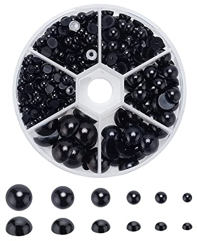 PandaHall Schwarze Perlen mit flacher Rückseite Kuppeln, 690 Stück halbrunde Perlen 6 Größen Perlen-Cabochon für DIY Scrapbook Handyhülle, Hochzeitsdeko Haarnagel Zubehör Puppenauge, 4/5/6/8/10/12mm