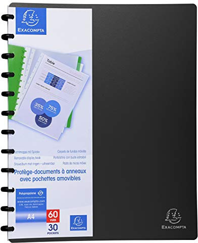 Exacompta - Réf. 86351E - 1 Protège-documents amovible à anneaux avec 30 pochettes grainées détachables - 60 vues - pour A4 - dim 24,5 x 31 cm - couverture rigide opaque - couleur noir