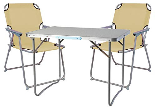 Mojawo 3tlg. Campingmöbel Set Alu Camping L70xB50xH59cm 1x Campingtisch mit Tragegriff + 2 Campingstühle beige Stoff Oxfort
