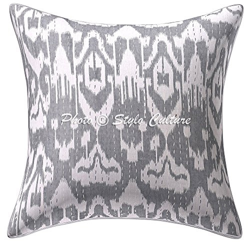 Stylo Culture Bohemio Fundas Almohadones Decorativa 40x40 cm Algodón Ikat Fundas para Cojines Sofa Gris 16x16 Inch Kantha Impreso Cuadrado sobre Fundas De Almohadones para Cama - 1 Pc