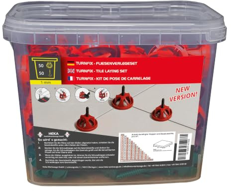 Turnfix Fliesen-Nivelliersystem Set, 50 Kappen + 50 Stifte 1 mm | Profi-Ergebnis beim Verlegen – große Fliesen bleiben eben, ganz ohne Zange