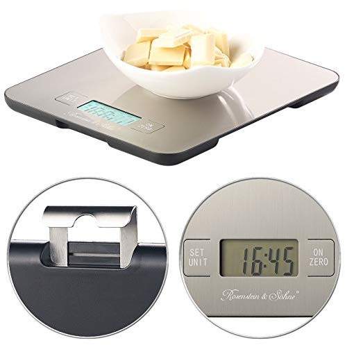 Rosenstein & Söhne Balanzas de cocina digitales - Escala digital: Báscula de cocina digital de acero inoxidable con temporizador, hasta 15 kg, precisión de 1 g (Balanzas de precisión)