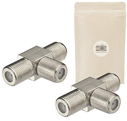 2x Sdoppiatore antenna TV tipo F RF in forma di T - 3 Spine Femmina - Splitter connettore video e s-video - Adaptout marca francese