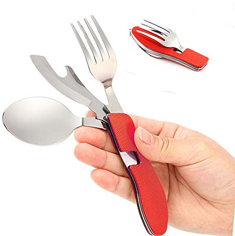 Senven 4 en 1 vaisselle de camping matériel de camping mis en acier inoxydable fourchette cuillère ensemble ouvre-bouteille camping couverts/voyage/survie - pliable détachable - rouge