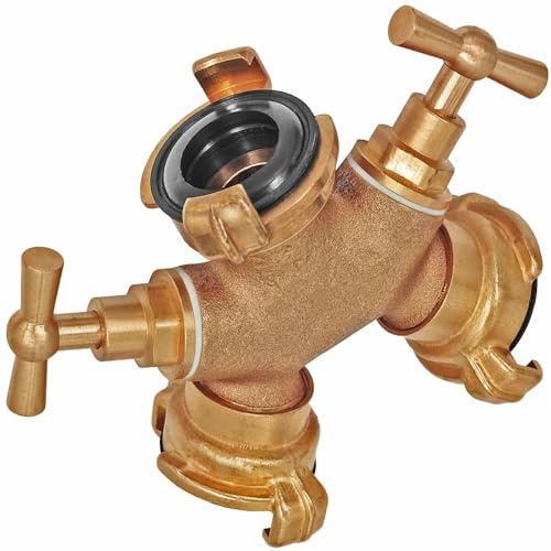 MegaHaustechnik Schnellkupplung für GEKA, Verteiler Y-Stück 2 Knebelgriffe | Messing, Trinkwasser geeignet, 2 Absperr-Ventile, Hähne, 2-Wege, Klauen Bajonettverschluß Schlauch Abzweig